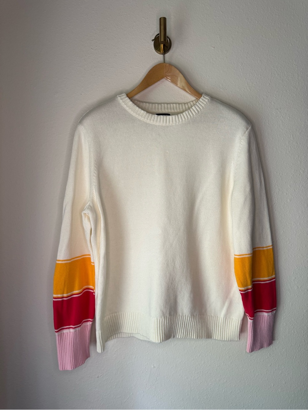 Lands’ End Drifter Ivory Sweater Colorblock Sleeve 100% Cotton size XL